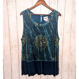 Teal Blue Embellished Tank Top Mandala Festival Layering Boho Glam Women Plus 2X